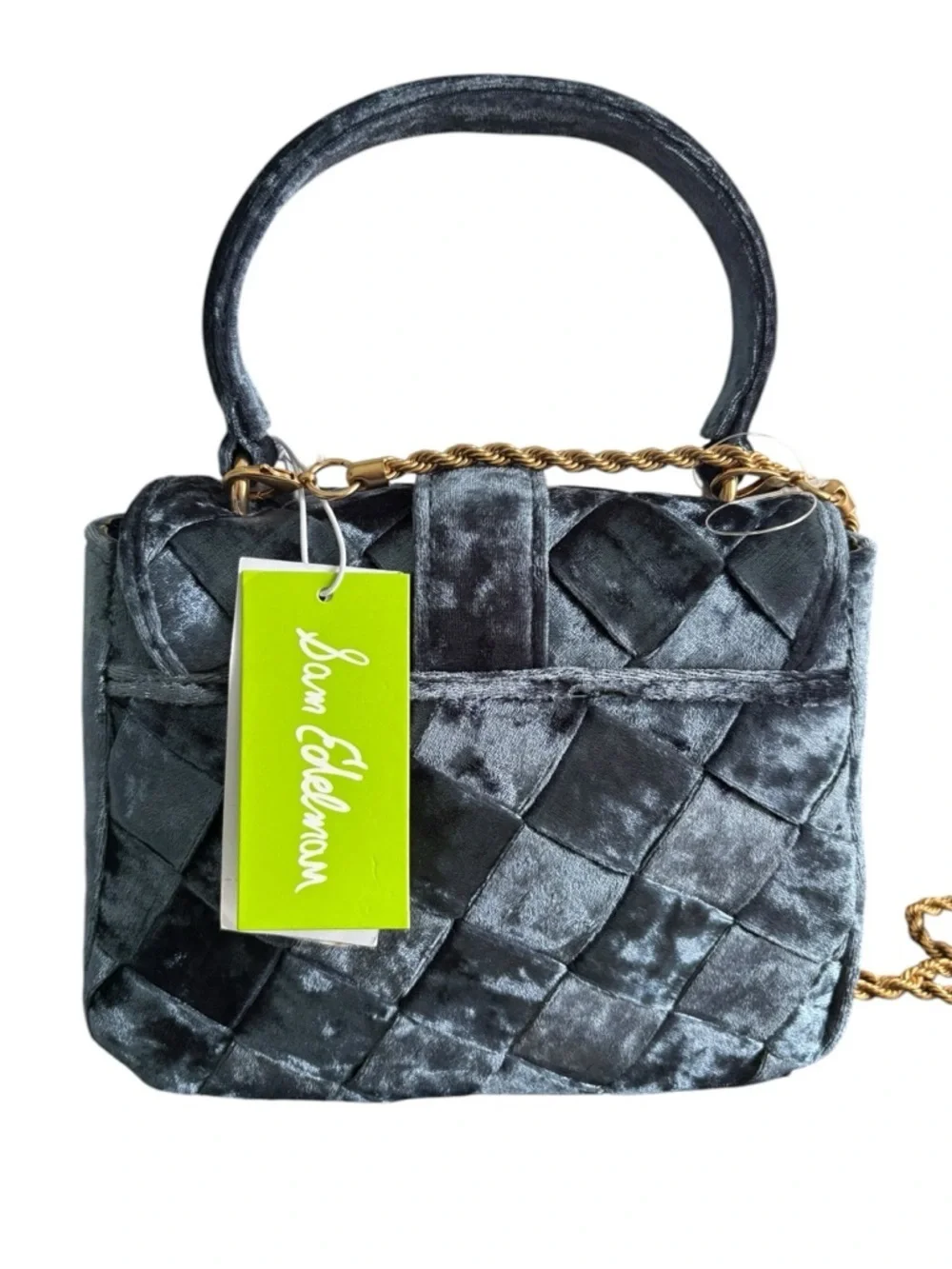 Sam Edelman Quilted Navy Velvet Satchel with Crystal Buckle